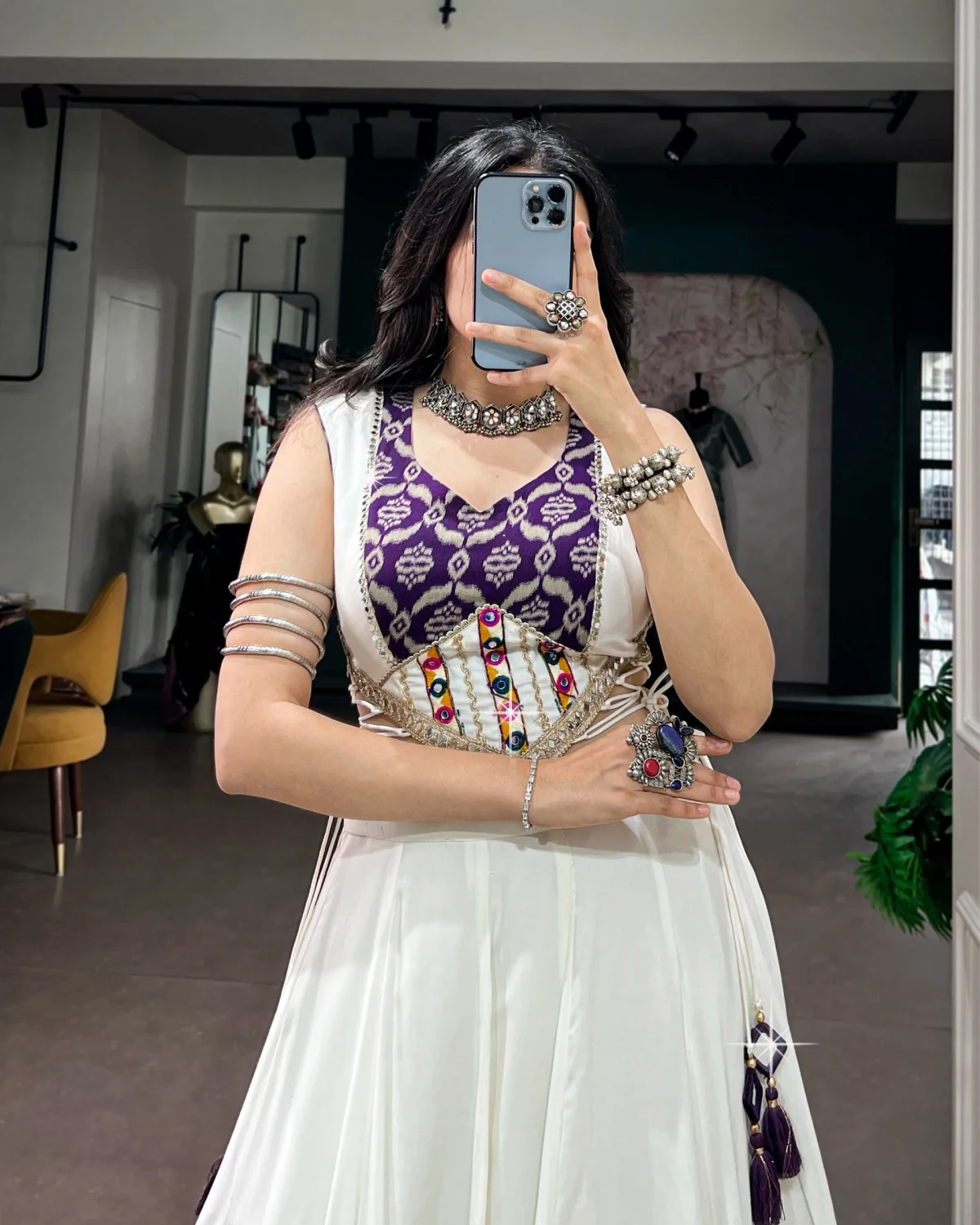 White Pure Rayon Gamthi Mirror Navratri Garba Chaniya Choli