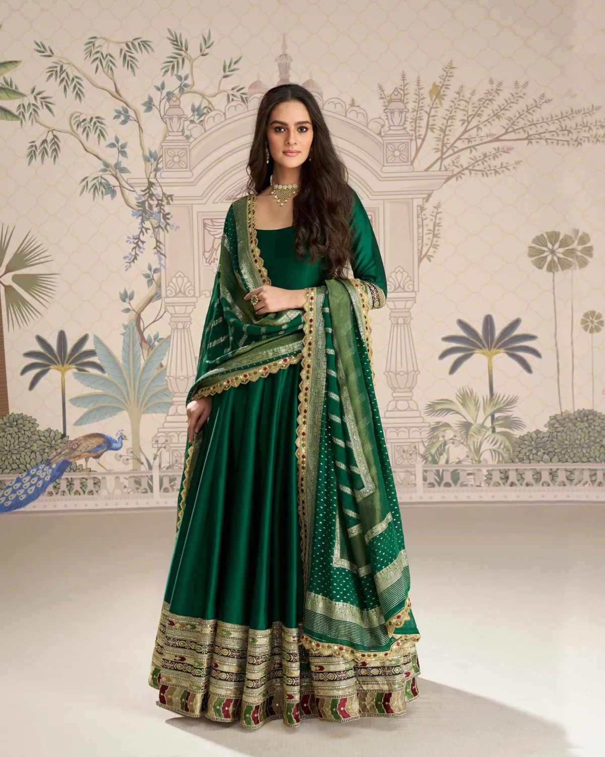 Mehendi Special Green Vichitra Silk Gown with Banarasi Dupatta